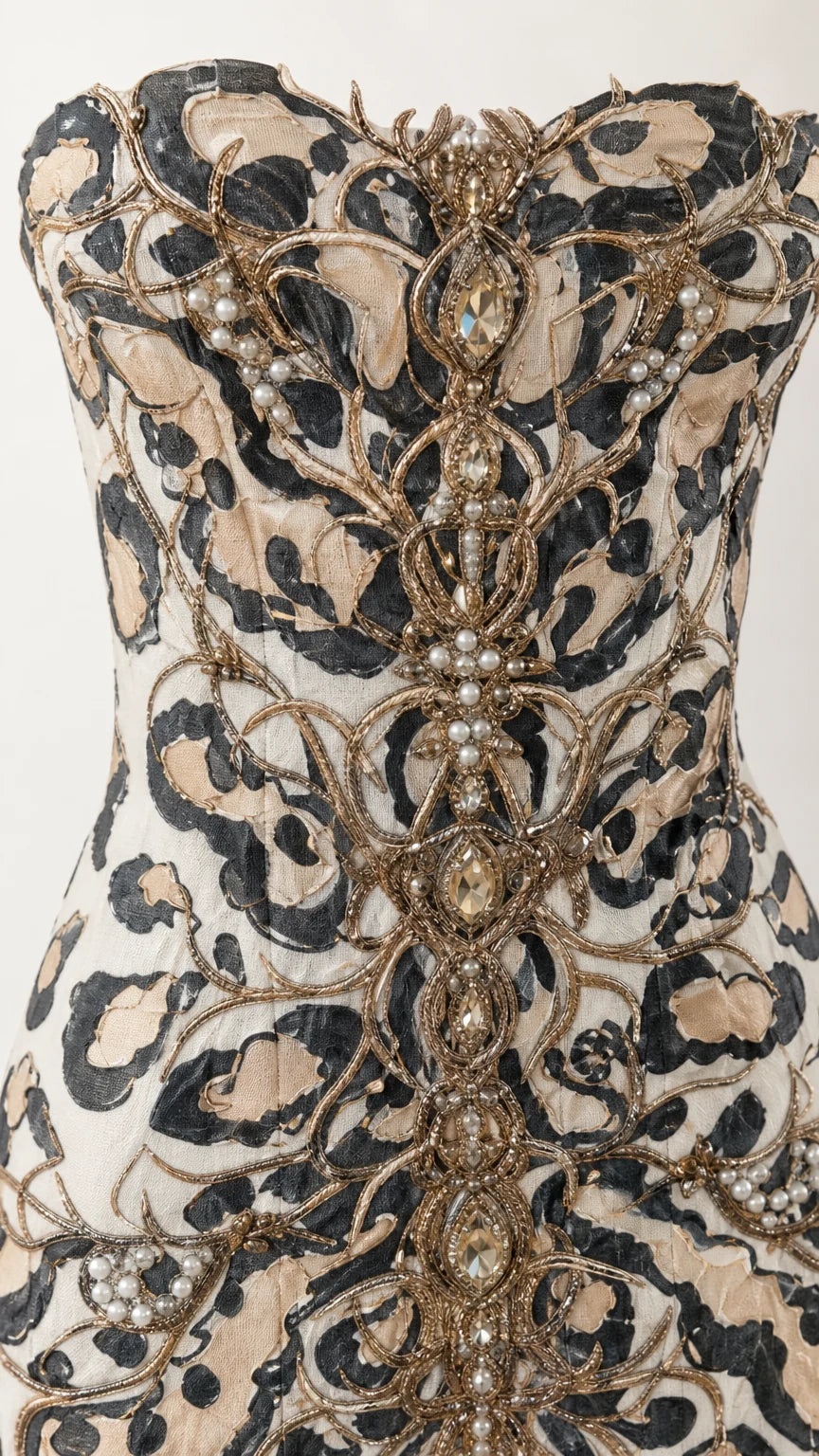 Close-up detail of the intricate beadwork and embroidery on the bodice