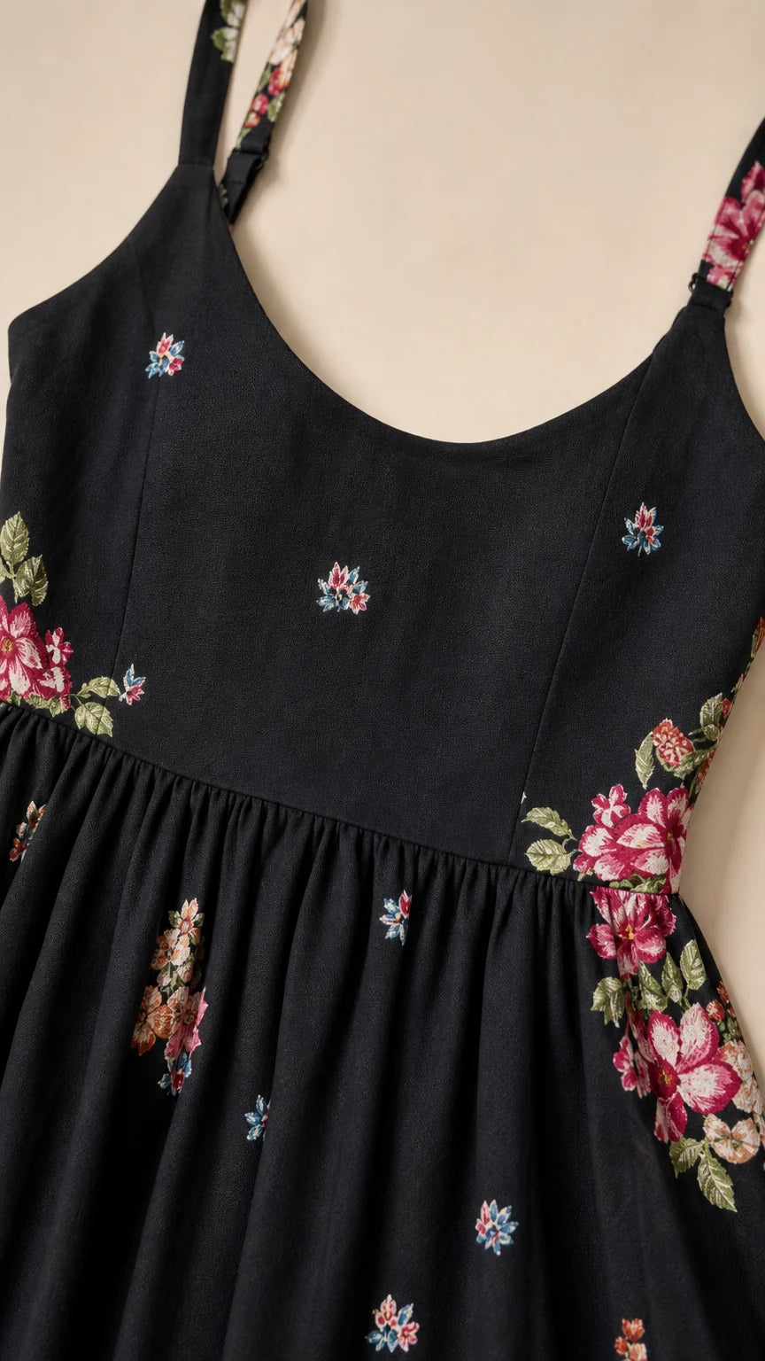 Close up of bodice and embroidery detail on black dress