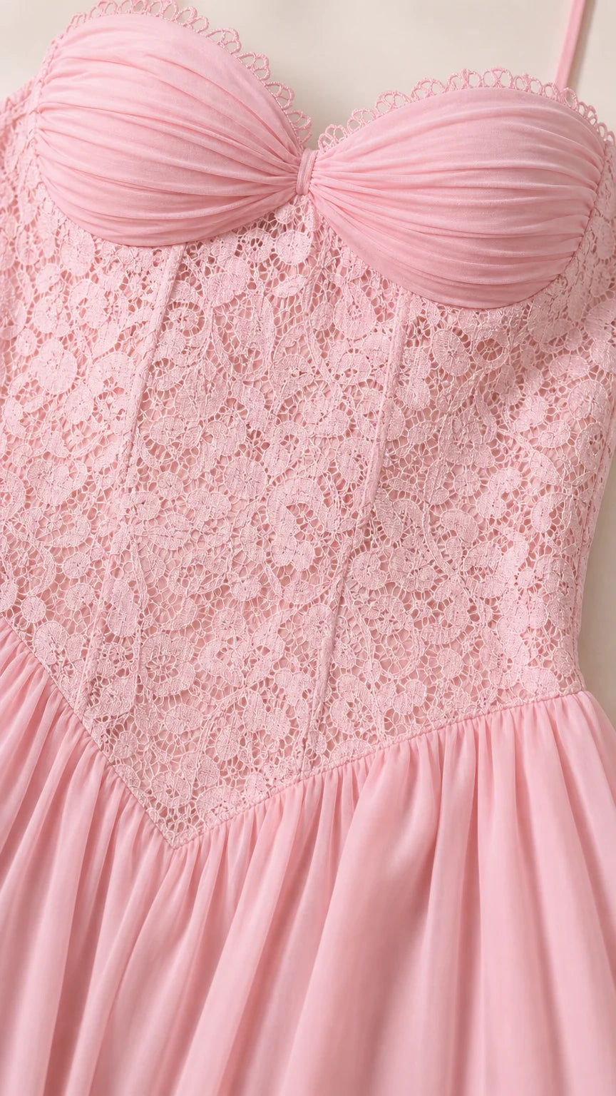 Close-up of pink lace corset bodice and sweetheart neckline