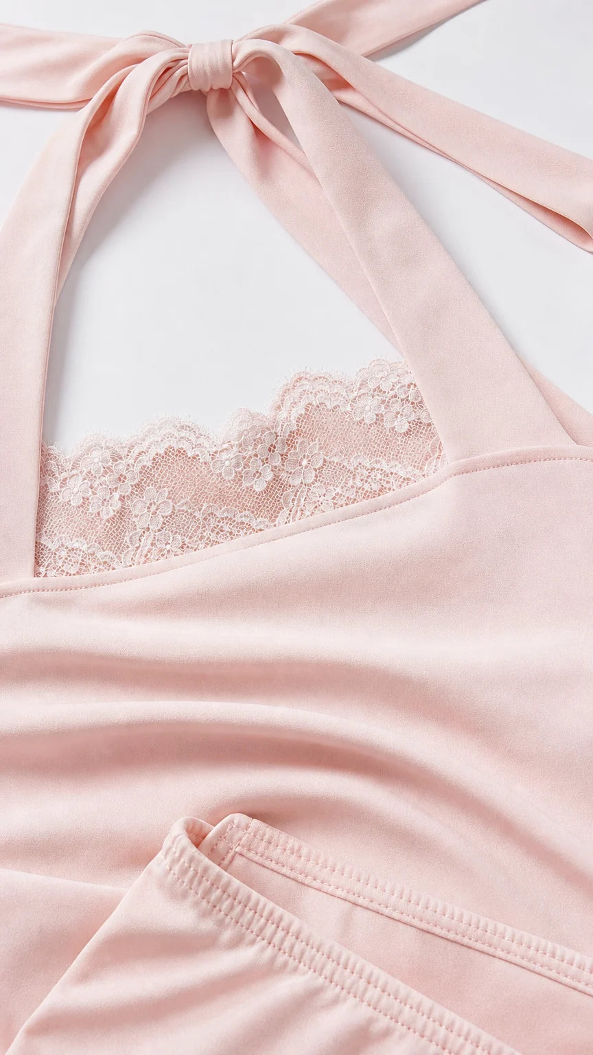 Close-up detail of the pink halter neckline and lace trim