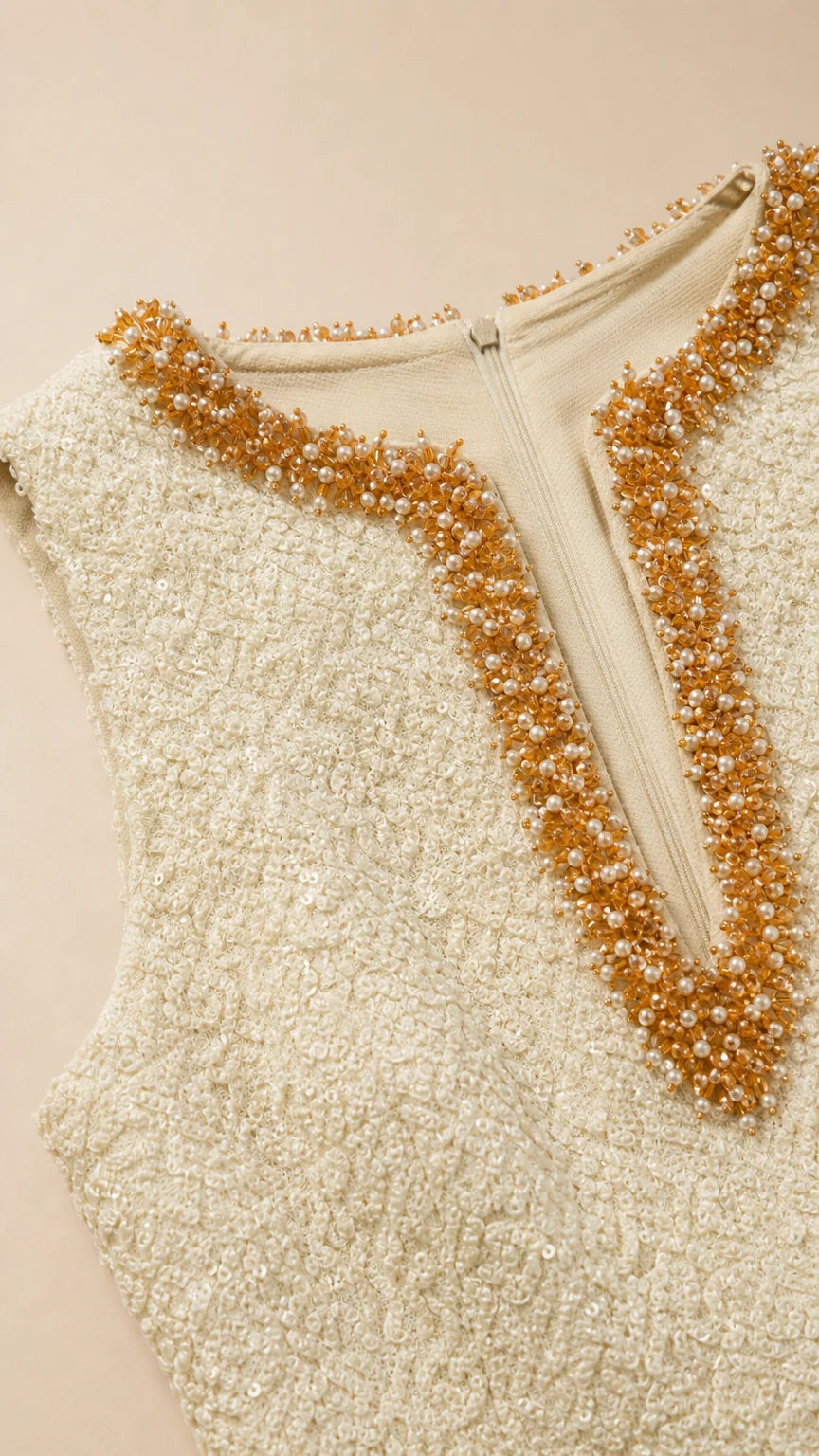 Close-up detail of the gold and bronze beaded V-neckline