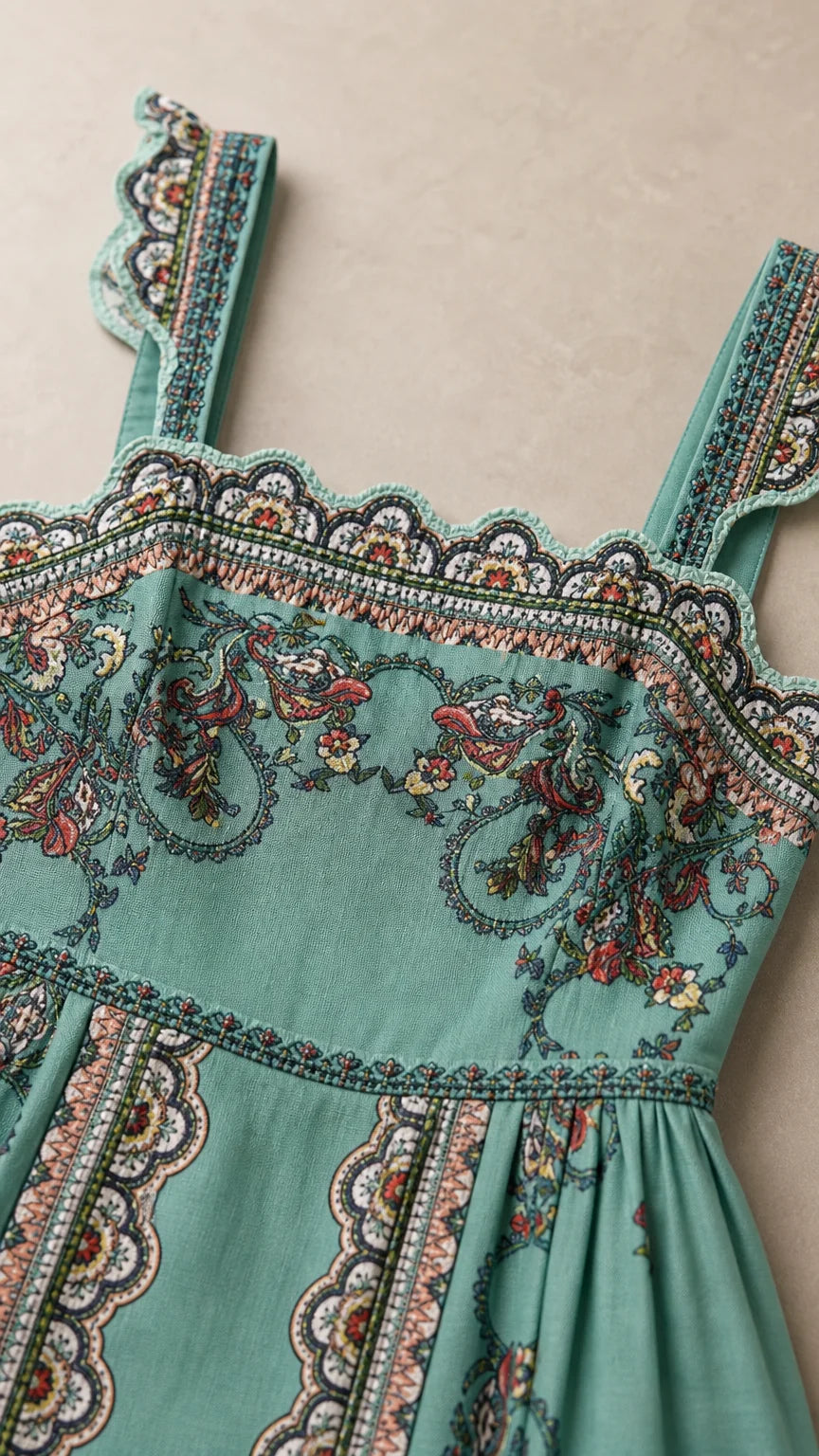 Close-up of scalloped straps and border print on teal dress