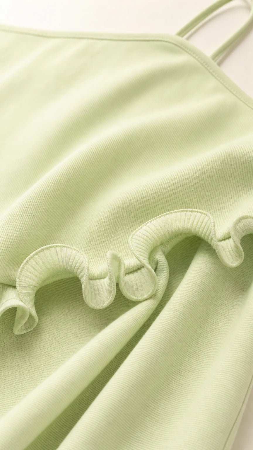 Close-up detail of fabric, spaghetti straps, and ruffle trim