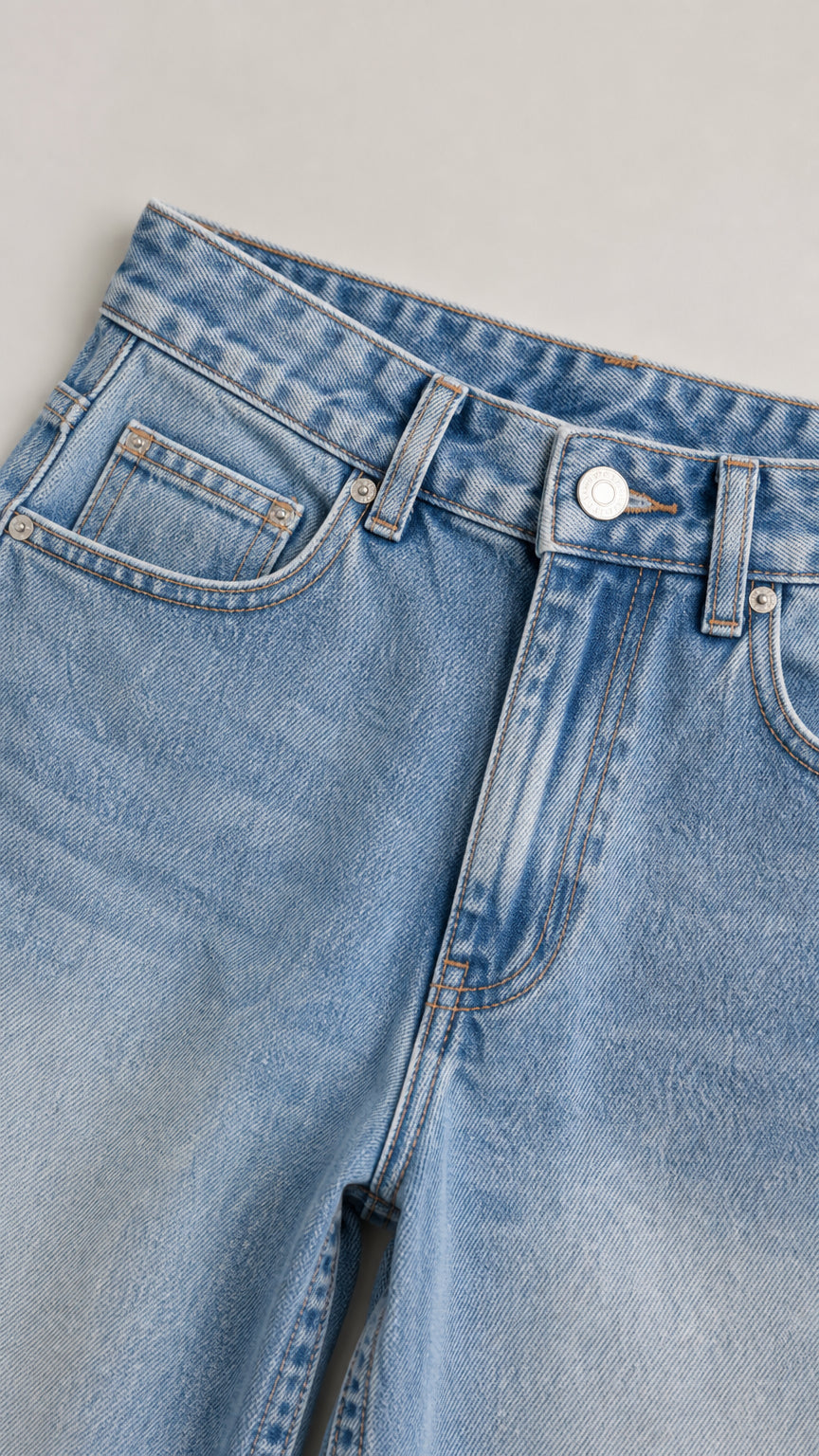 Close-up detail of Light Blue denim waistband, button closure, zip fly, and coin pocket
