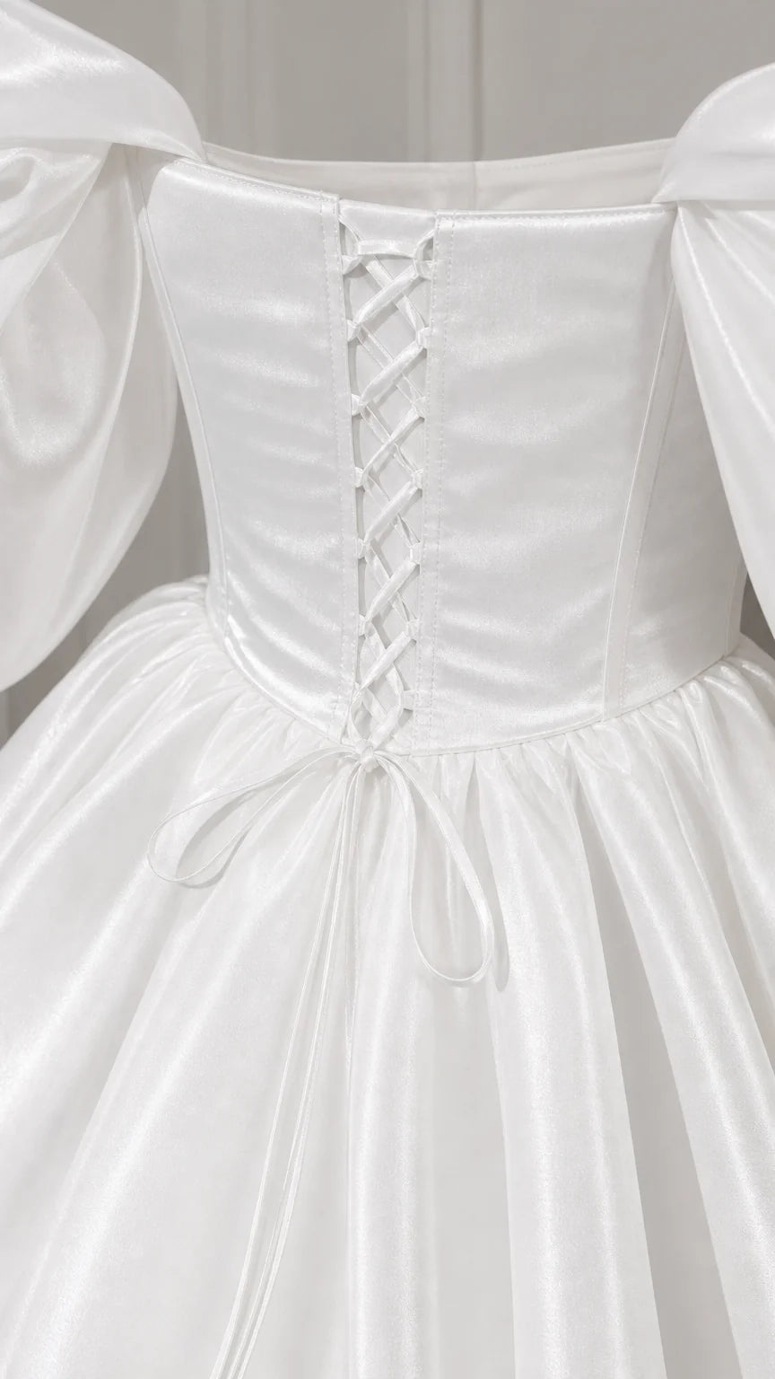 Close-up of lace-up corset back detail on white satin gown