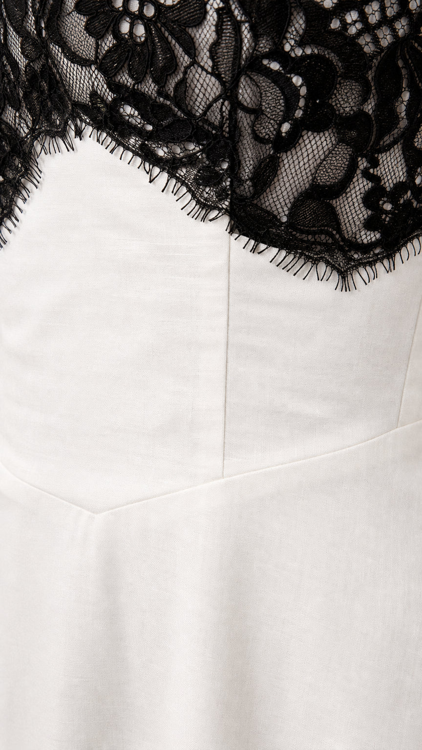 Close-up detail of intricate black eyelash lace and white fabric seamline