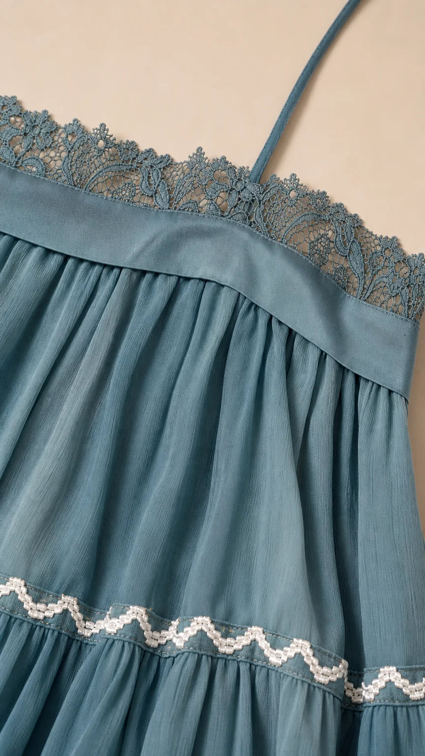 Close-up detail of lace neckline and embroidered tier on blue dress