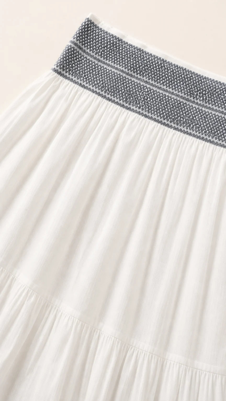 Close-up of the textured smocked waistband on white fabric
