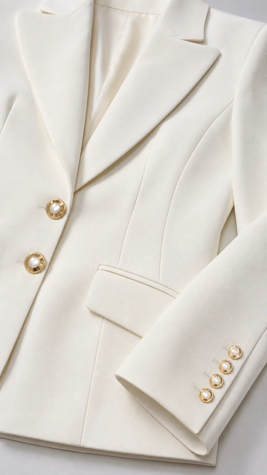 Close-up detail of white blazer lapel, front button closure, and pocket trim