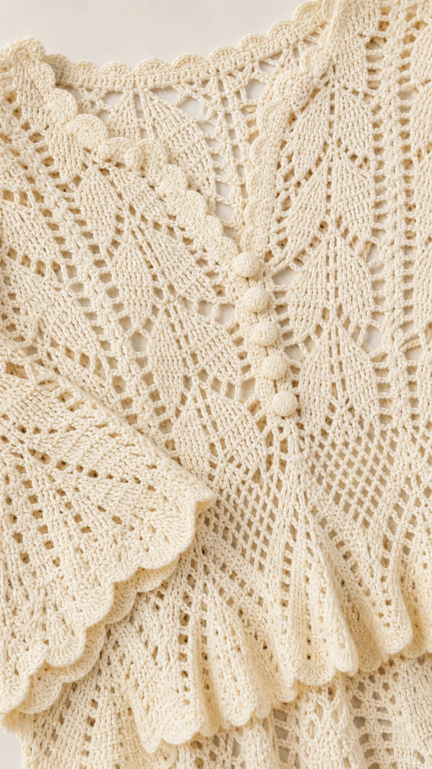Close-up detail of Ivory crochet pattern and buttons