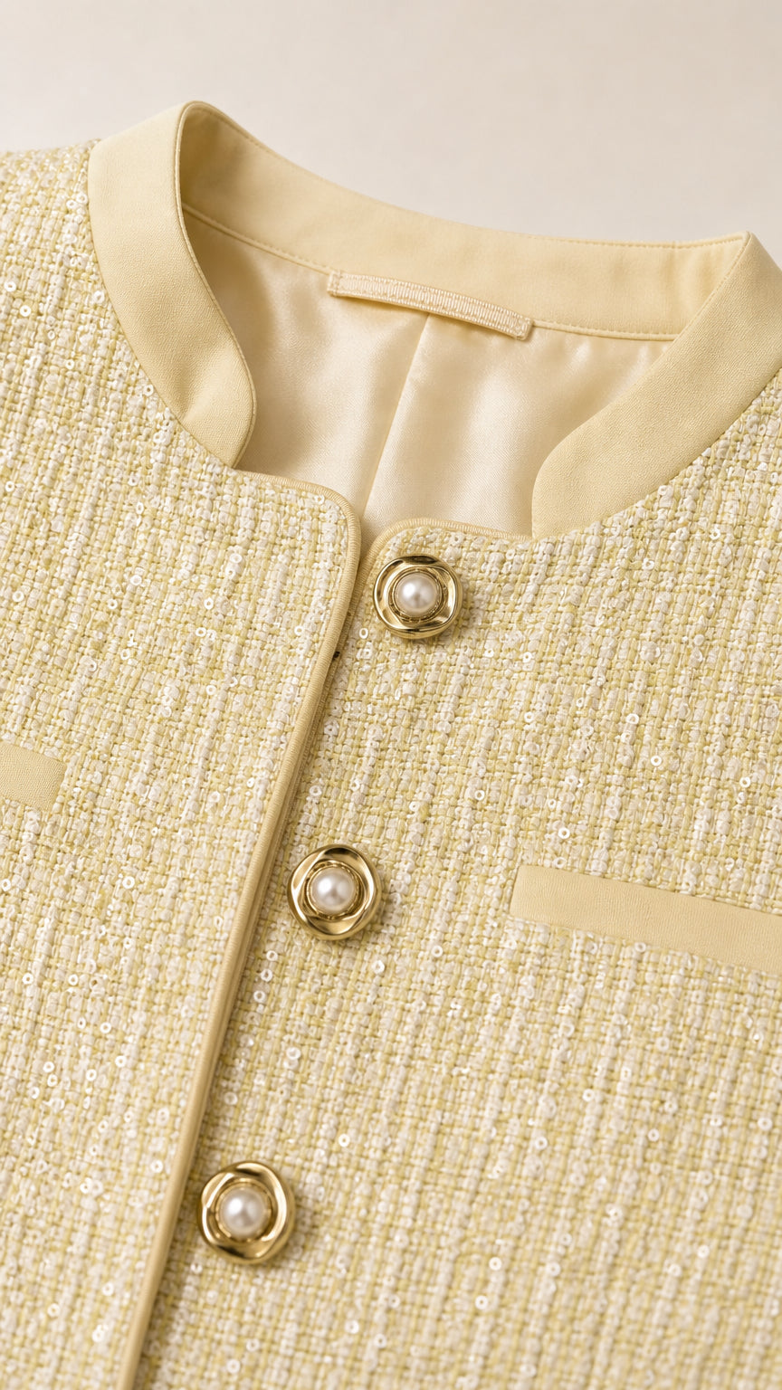 Close-up detail of light yellow woven tweed texture, lining, and pearl buttons