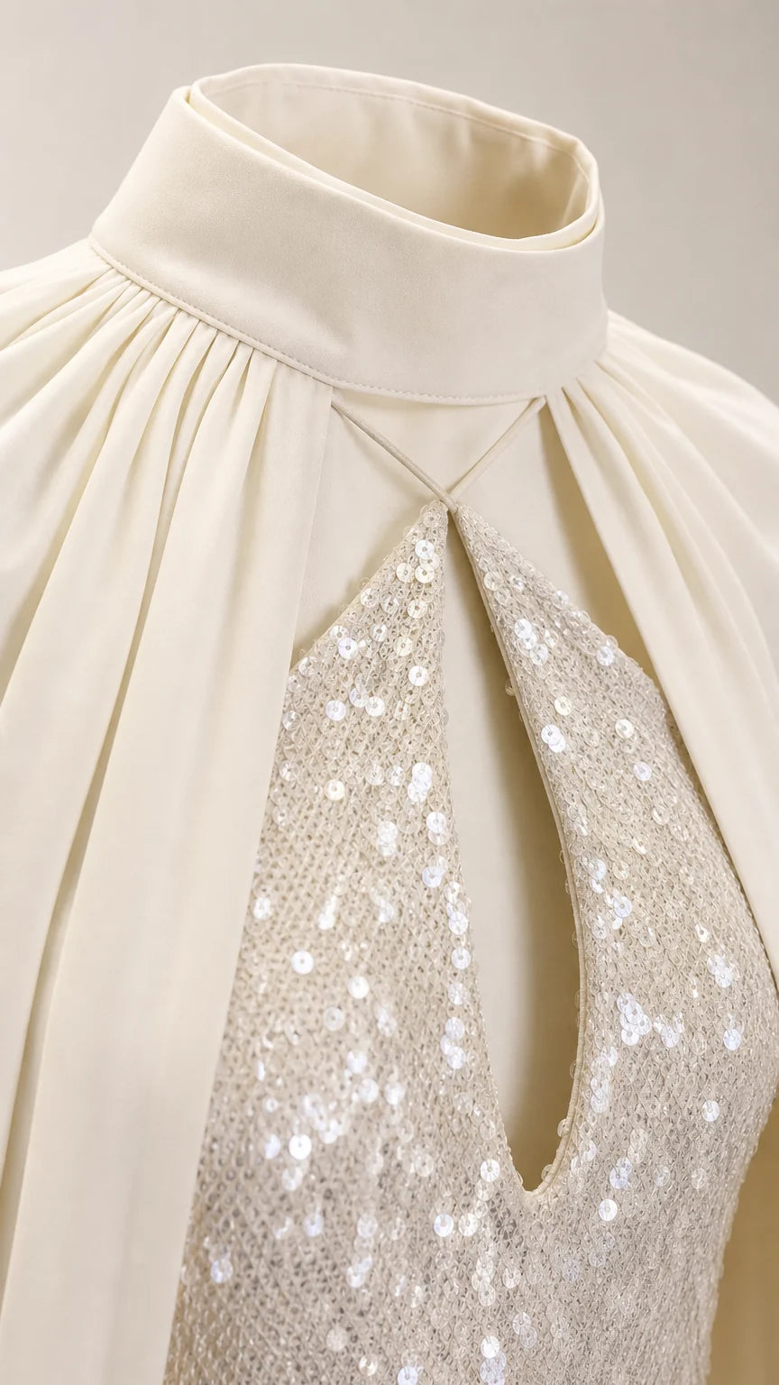 Close-up of mock neck, keyhole cutout, and sequin texture
