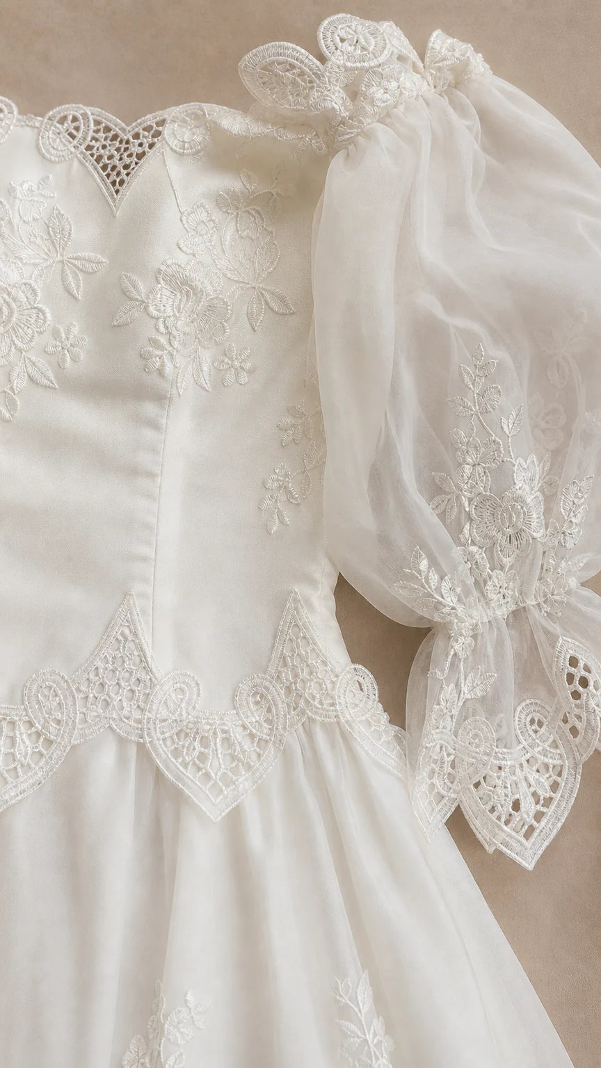 Close-up detail of bodice and puff sleeves on white dress