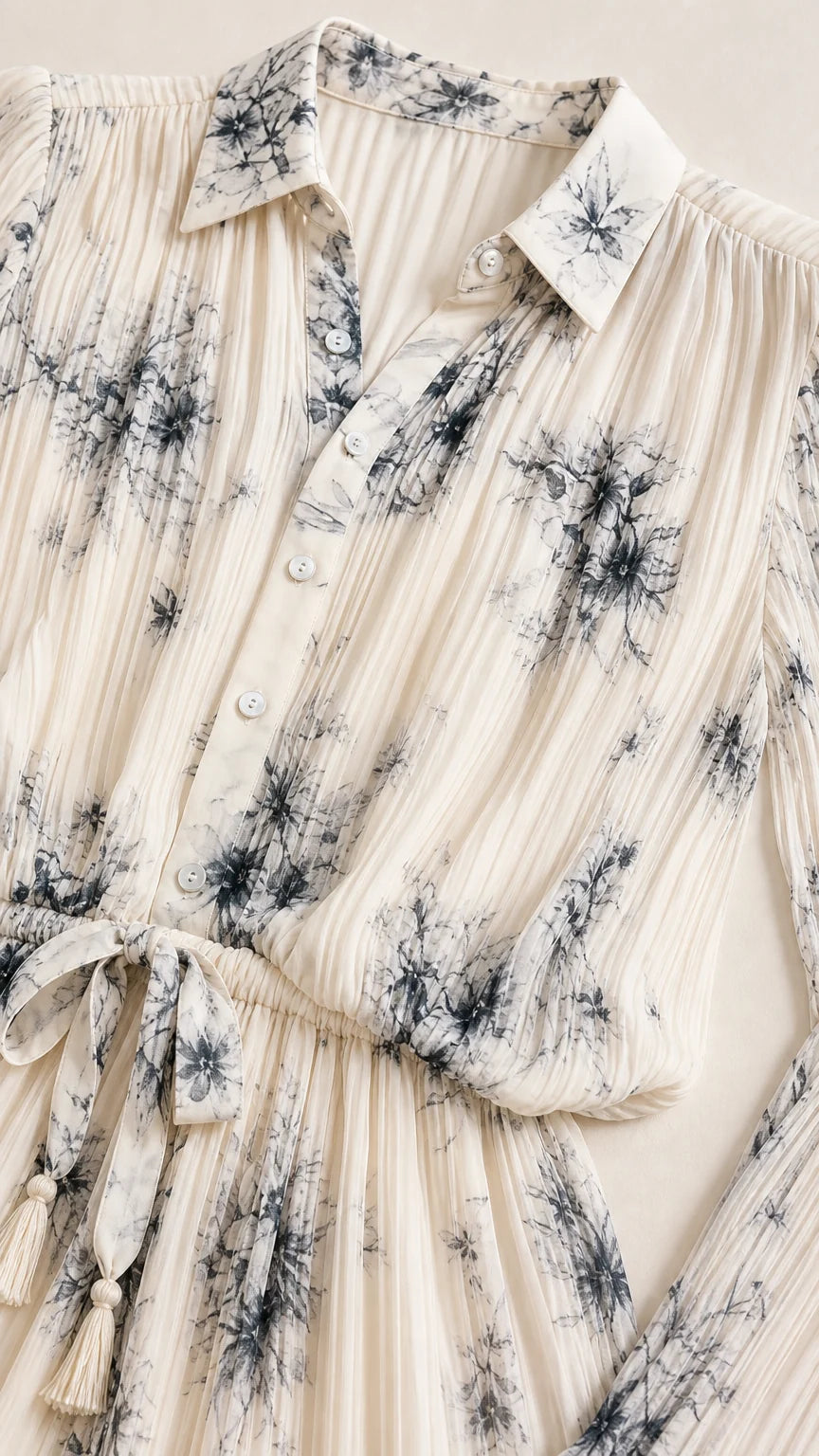 Close-up detail of collar, buttons, and pleated texture on ivory dress