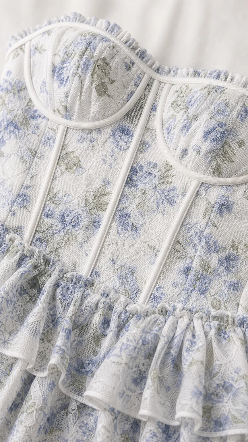 Close-up detail of white and blue floral bustier bodice with ruffles