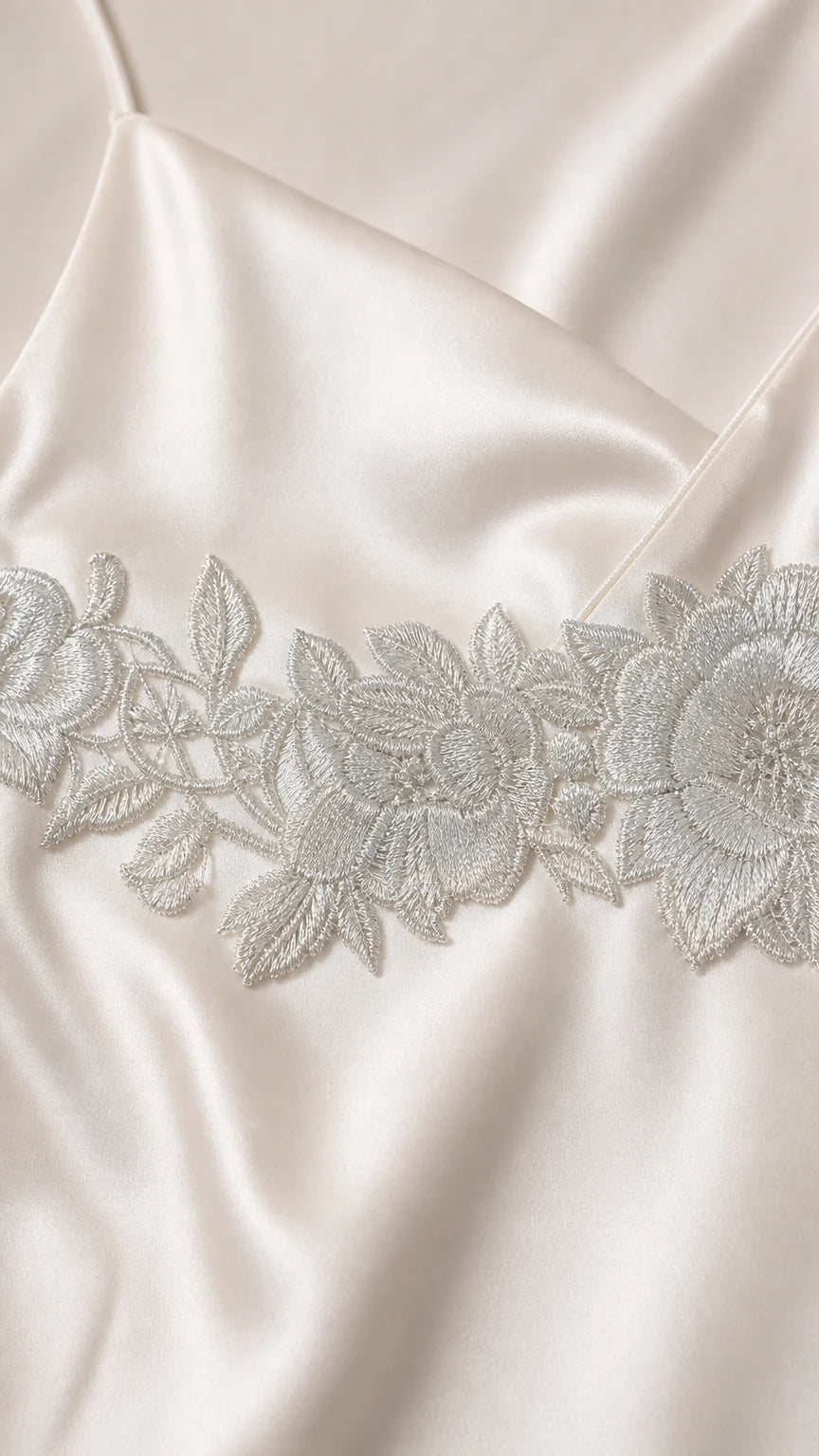 Close-up detail of white satin fabric and floral lace embroidery