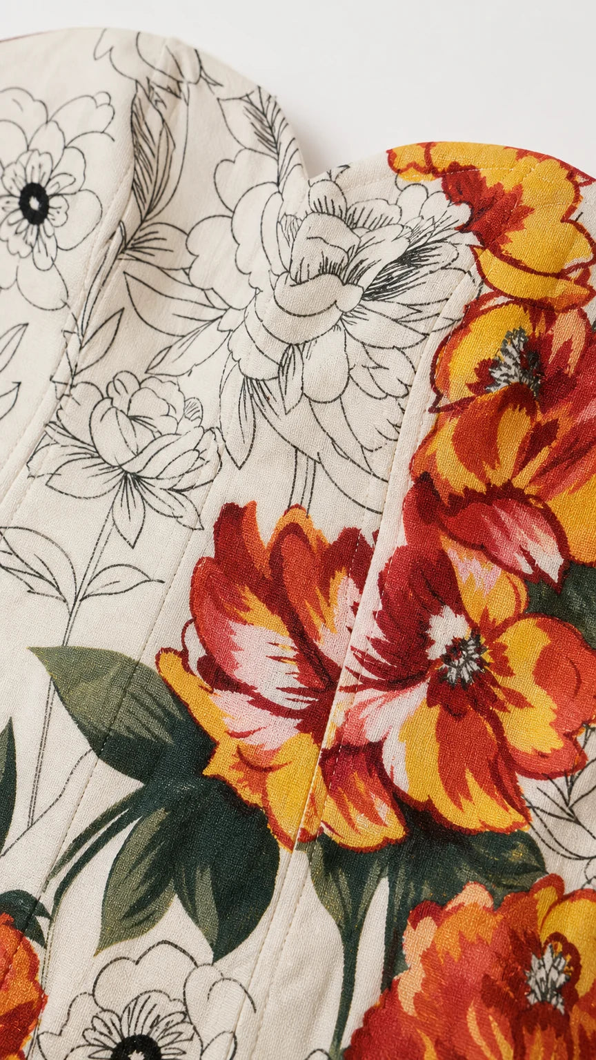 Close-up detail of the fabric texture and floral print