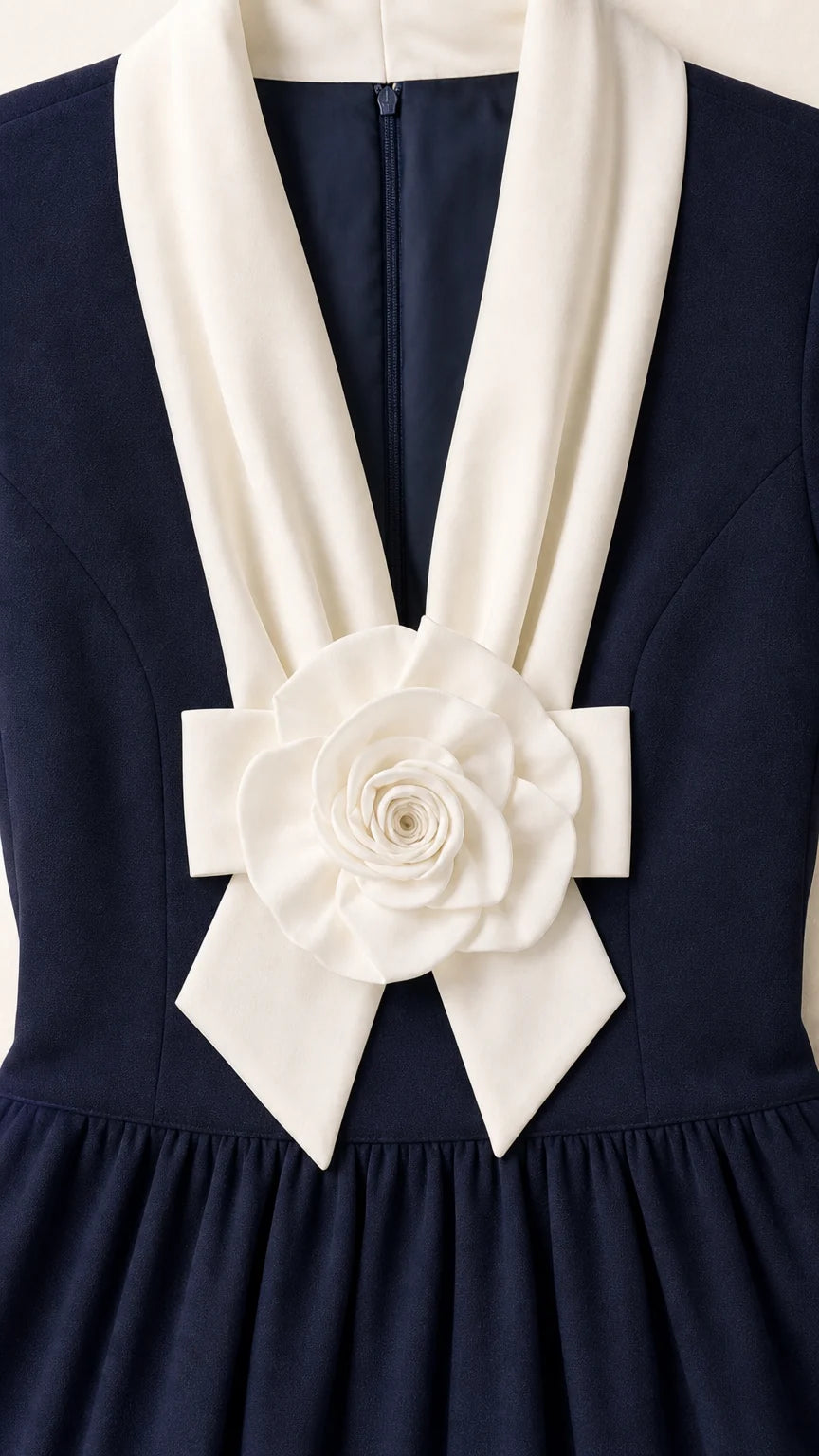 Close-up detail of white collar and fabric rose accent
