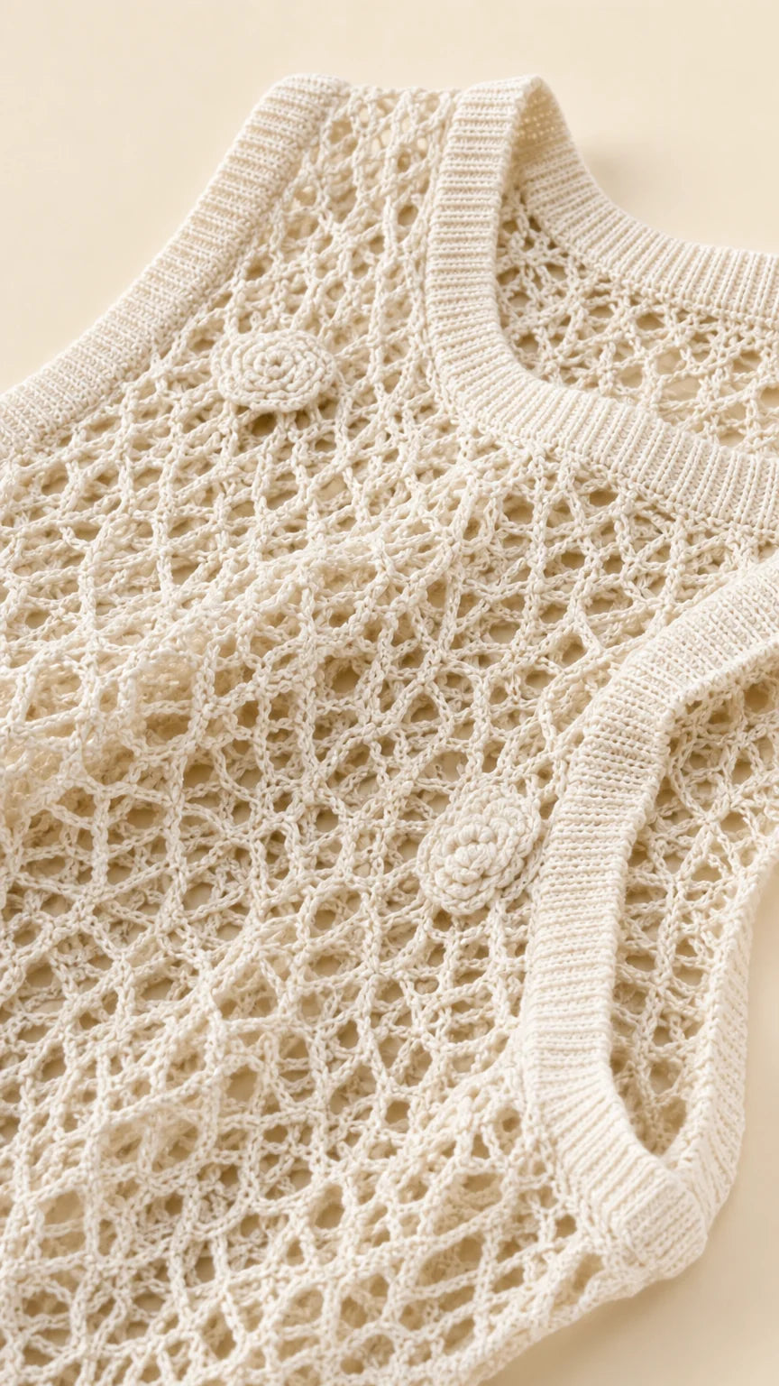Close-up detail of beige crochet knit texture and neckline