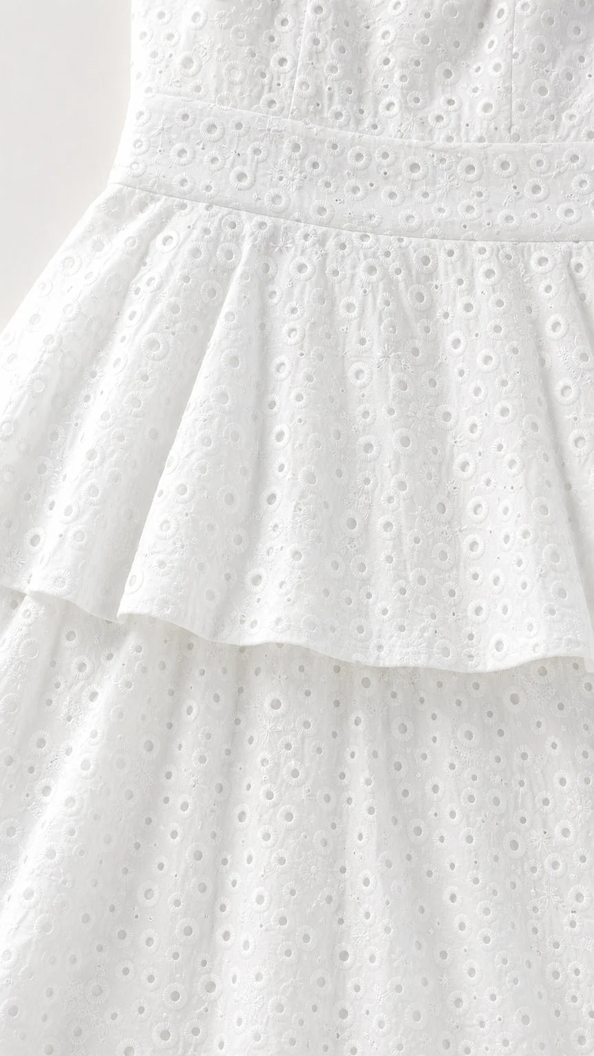Close-up of fabric texture on white eyelet maxi dress