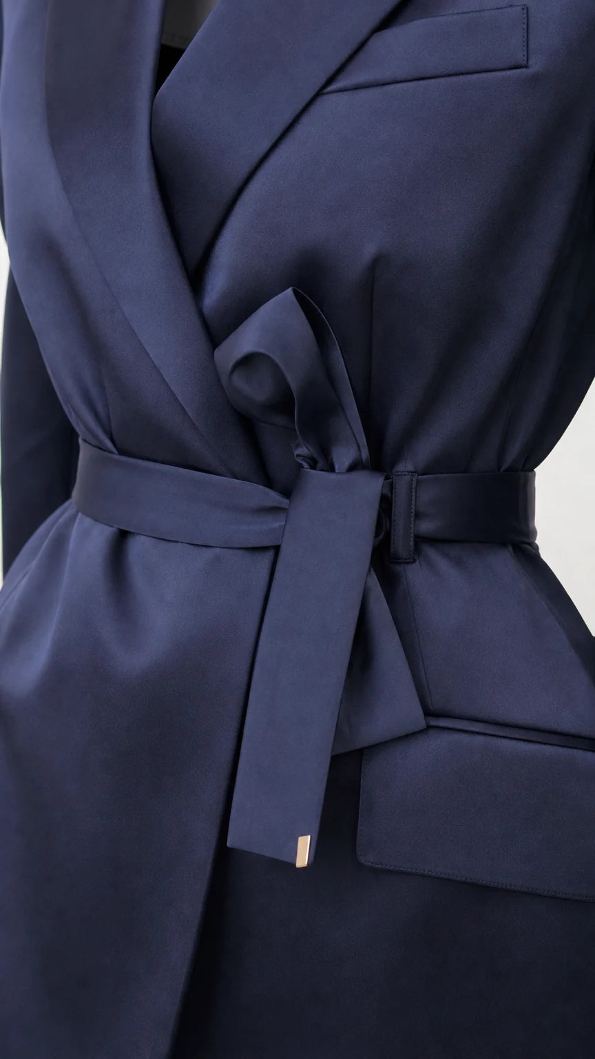 Close-up of navy satin blazer lapel and tie belt detail