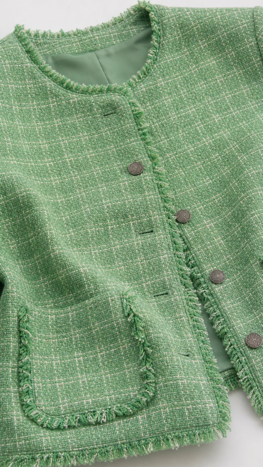 Close-up of green tweed fabric texture and button detail