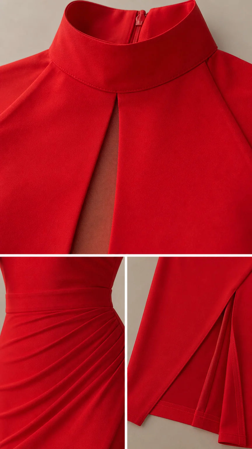Close-up details of red dress collar, ruching, and hemline