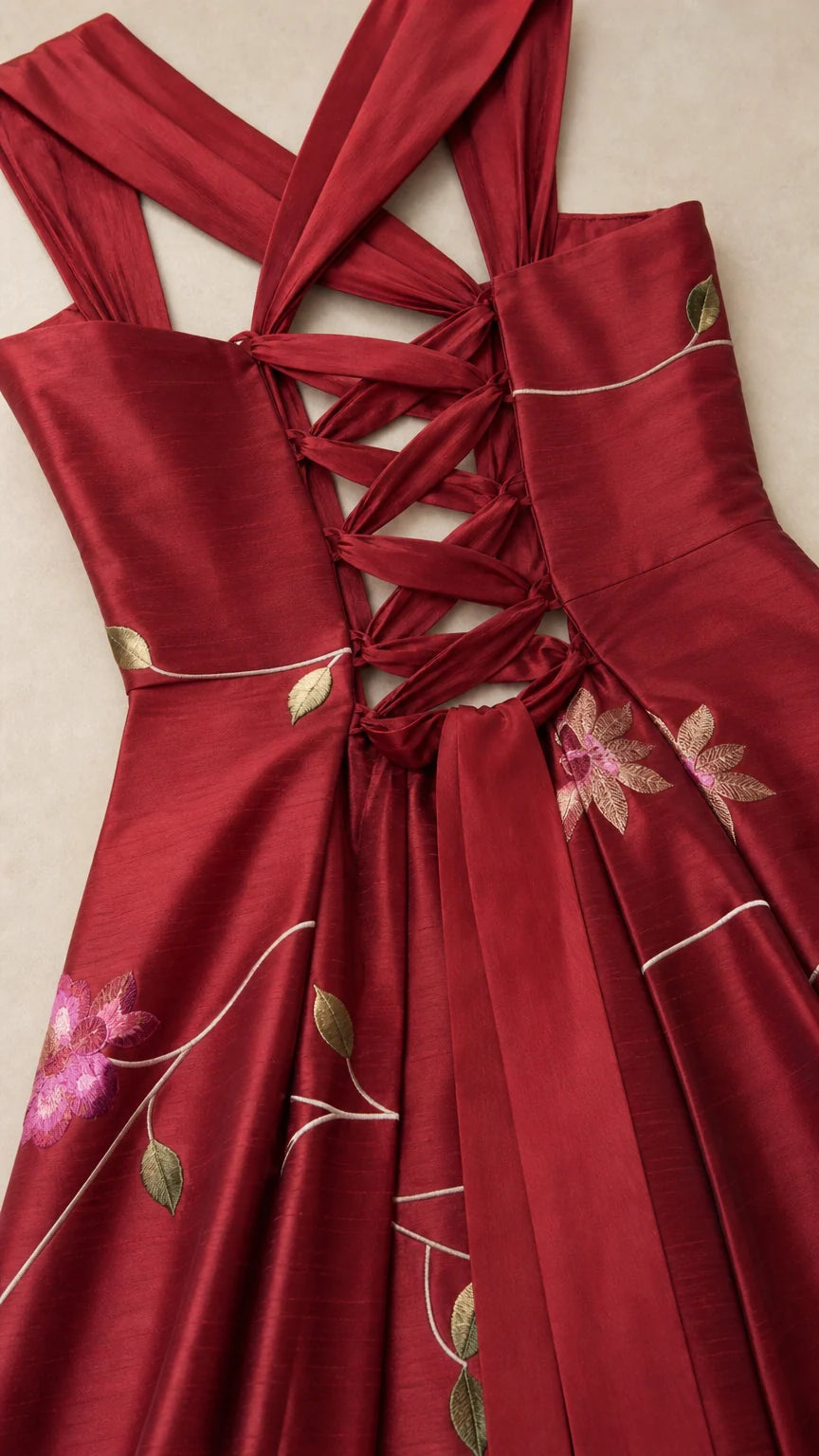 Close-up of back lace-up straps and floral embroidery