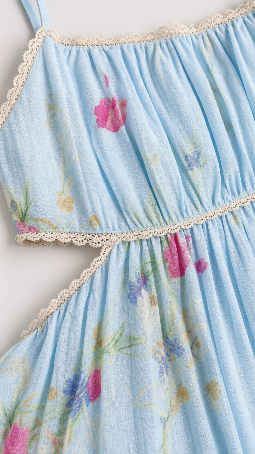 Close-up of lace trim and floral fabric pattern on light blue dress