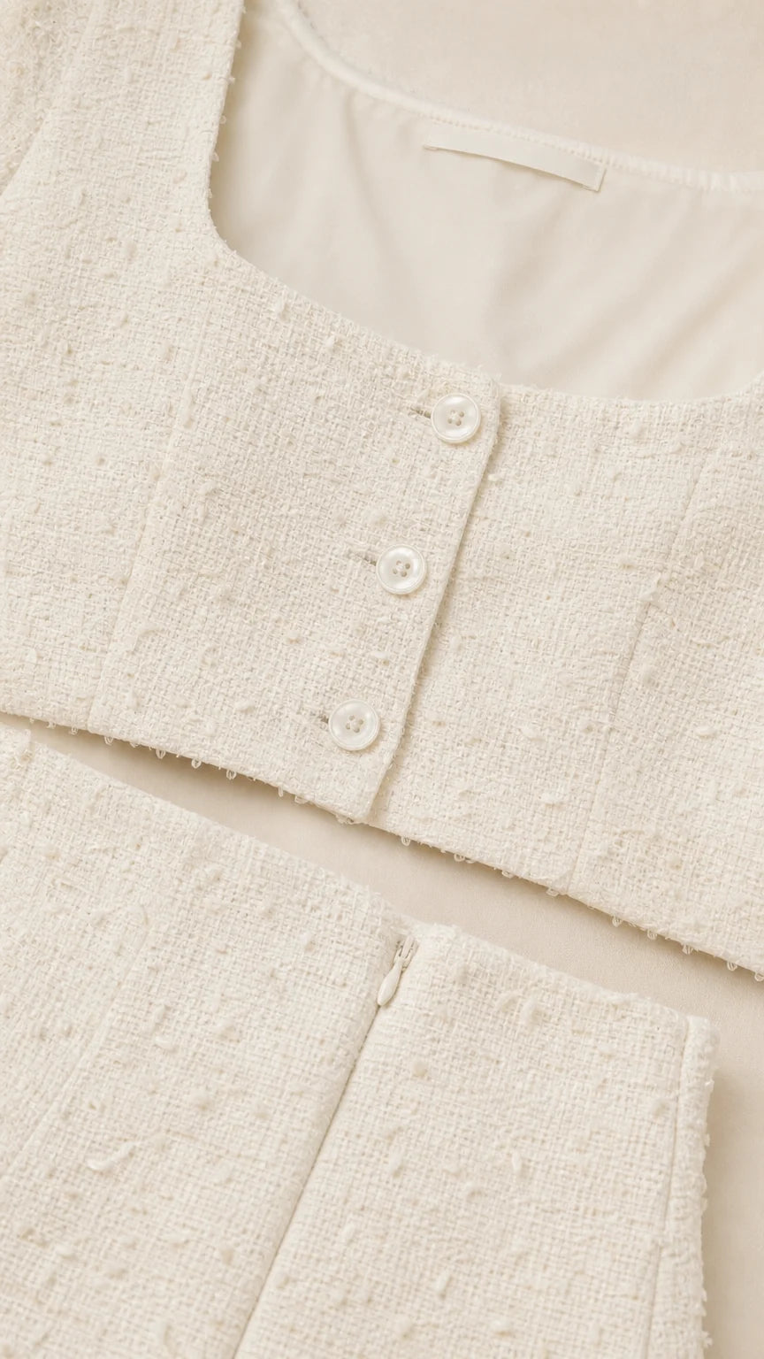 Close-up detail of white tweed top buttons and skirt zipper