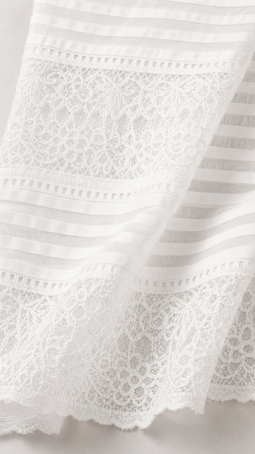 Close-up detail of white lace and striped fabric texture