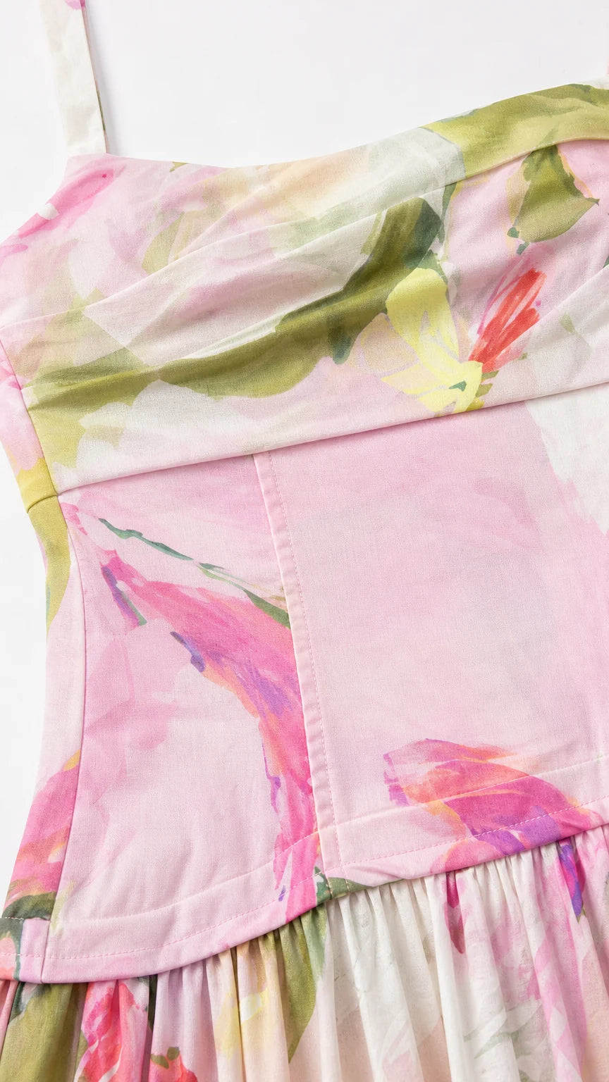 Close-up detail of bodice and fabric print