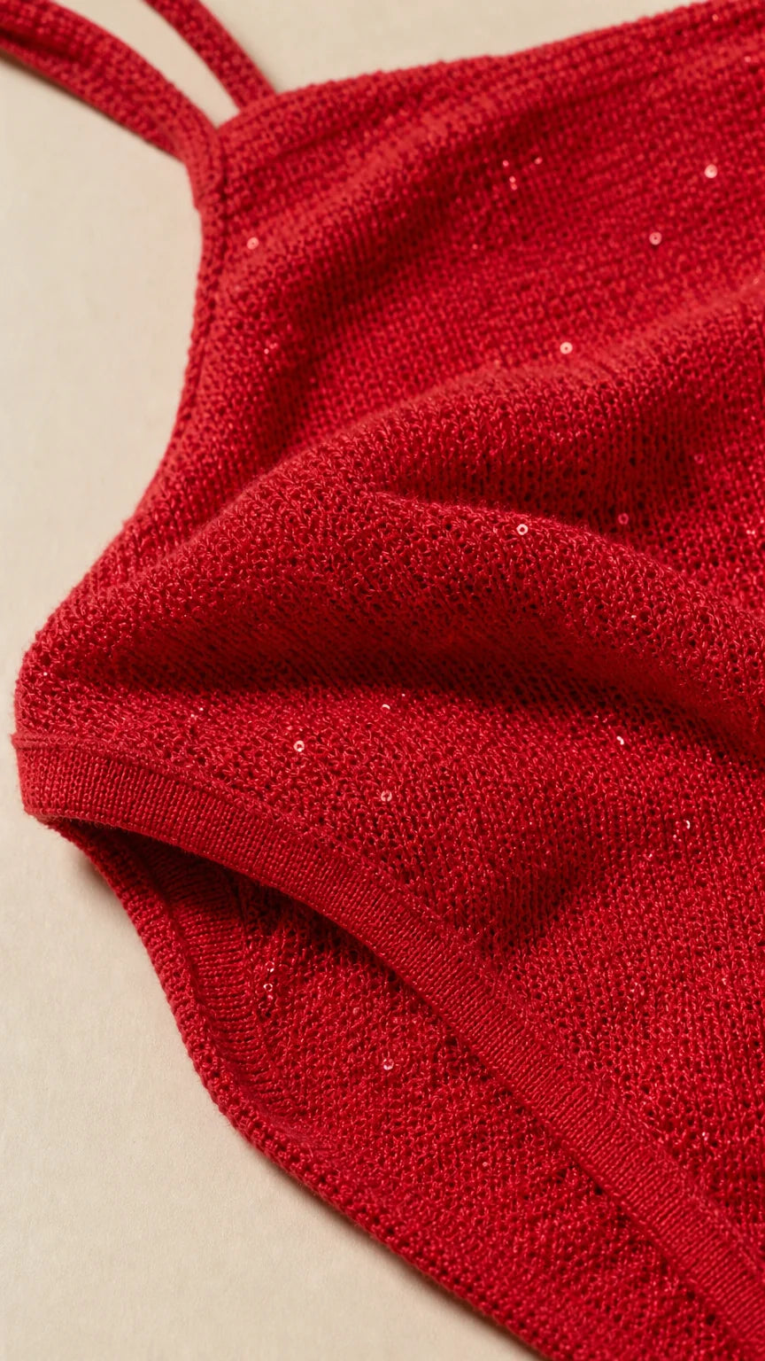 Close-up detail of textured red knit fabric with subtle shimmer