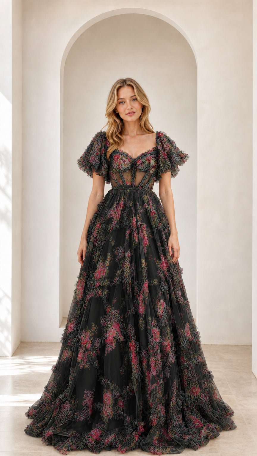 Full-length front view of black floral ruffled tulle corset ball gown