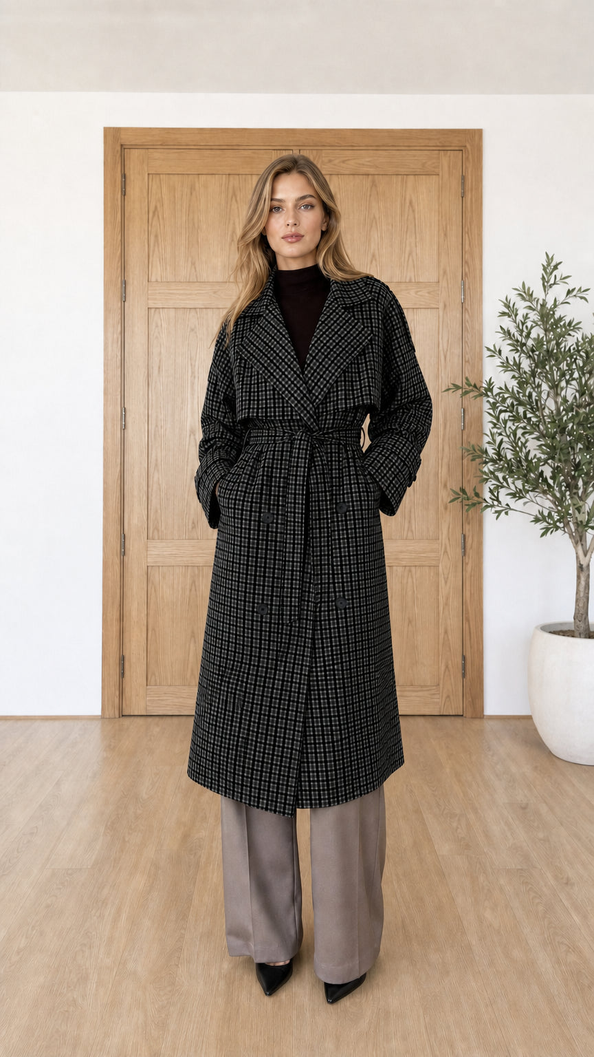 Woman wearing black plaid trench coat in front of wooden door