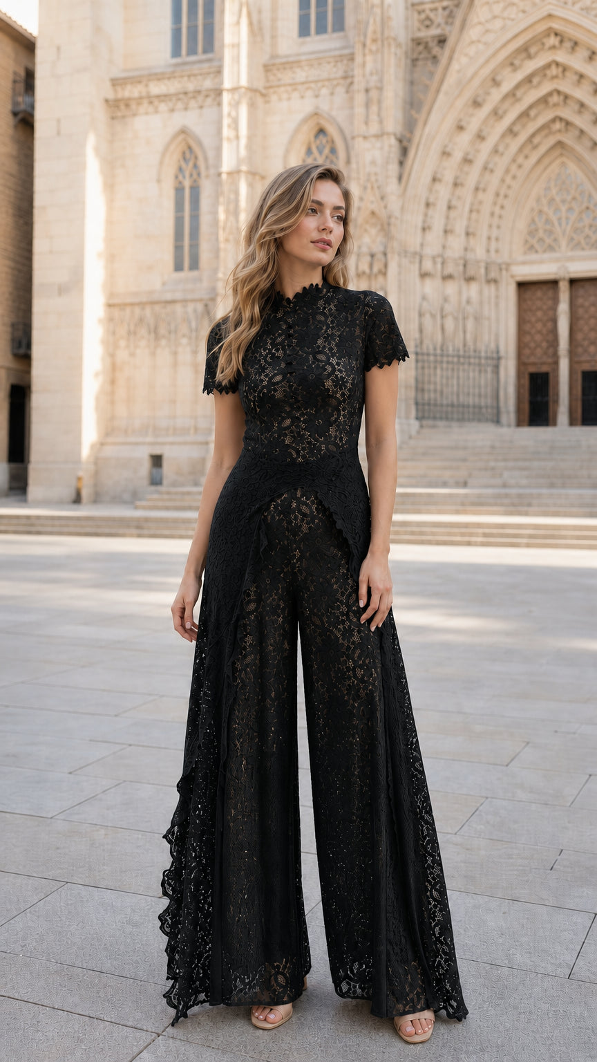 Front view of woman wearing Black floral lace wide-leg evening jumpsuit