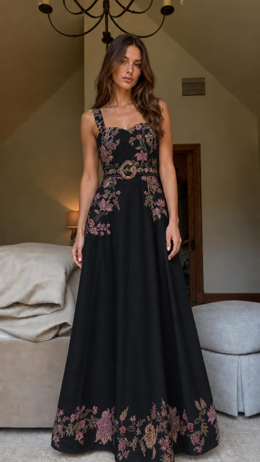 Black color variant of floral embroidered maxi dress