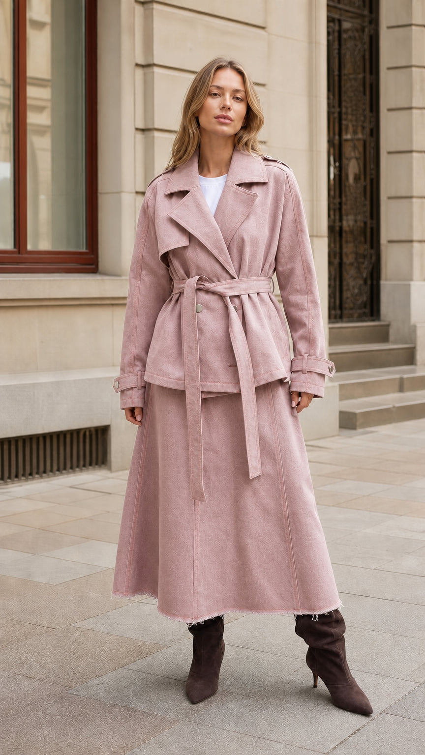 Woman wearing Dusty Pink belted trench jacket and matching long skirt set