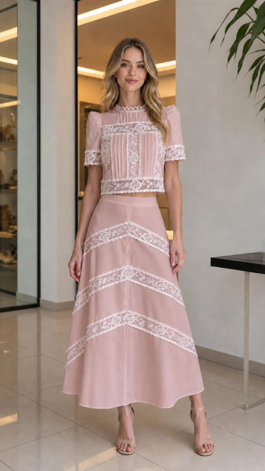 Full-body view of woman wearing pink lace crop top and matching skirt set