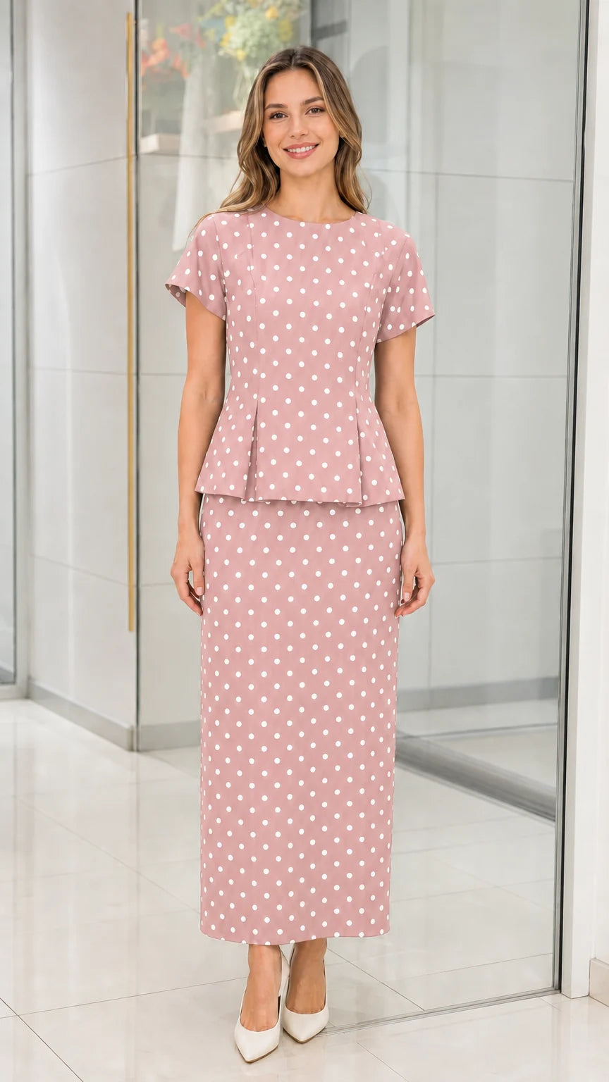 Front view of pink polka dot two piece set on model