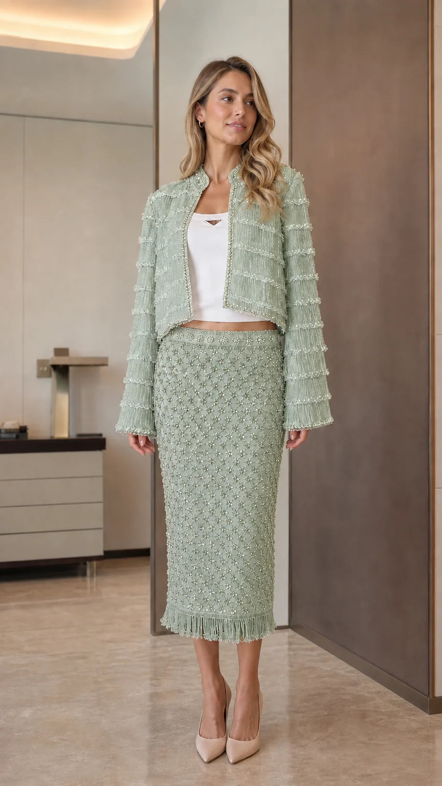 Model wearing sage green tweed crop jacket and midi skirt set