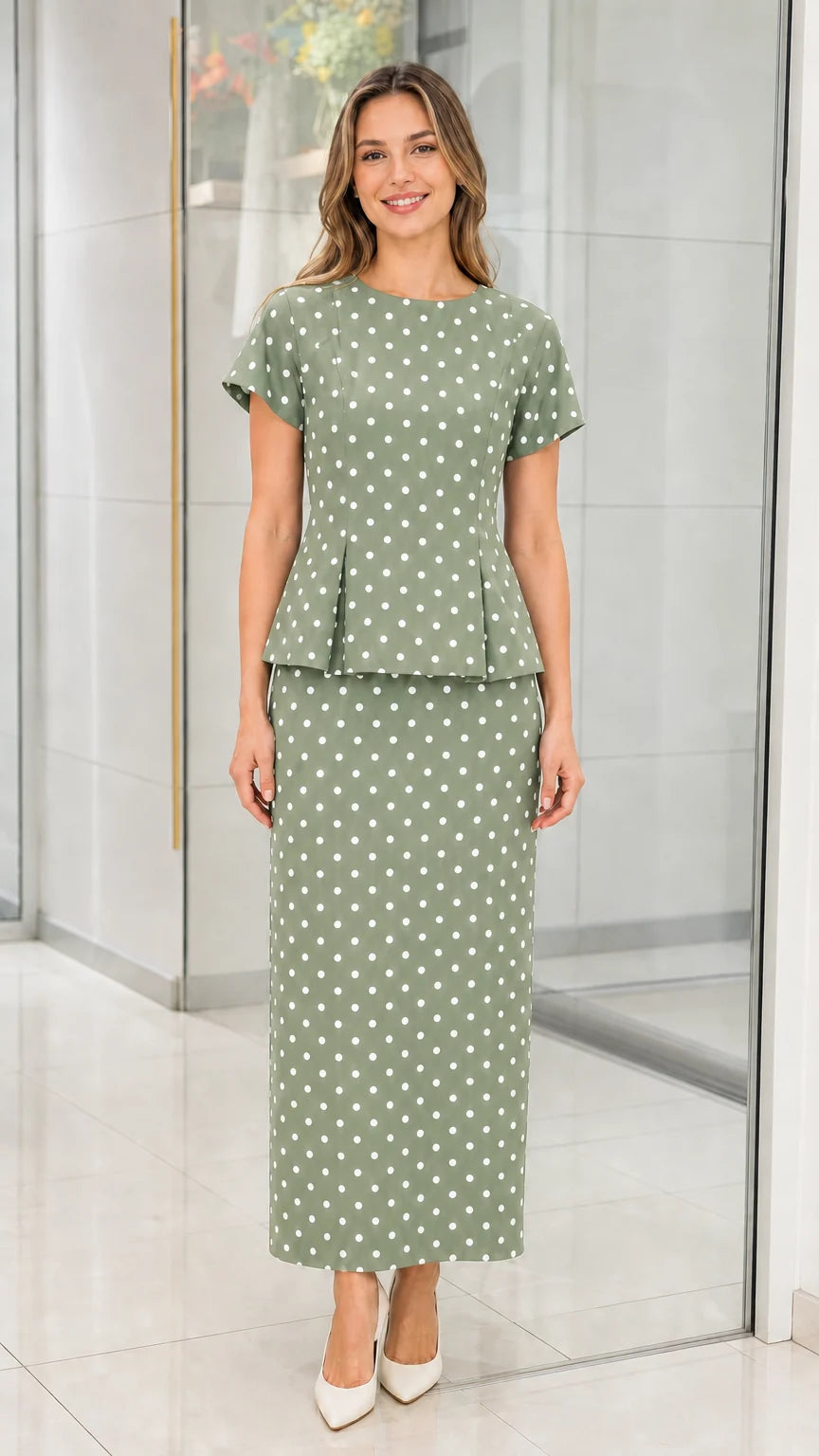 Front view of sage green polka dot two piece set on model