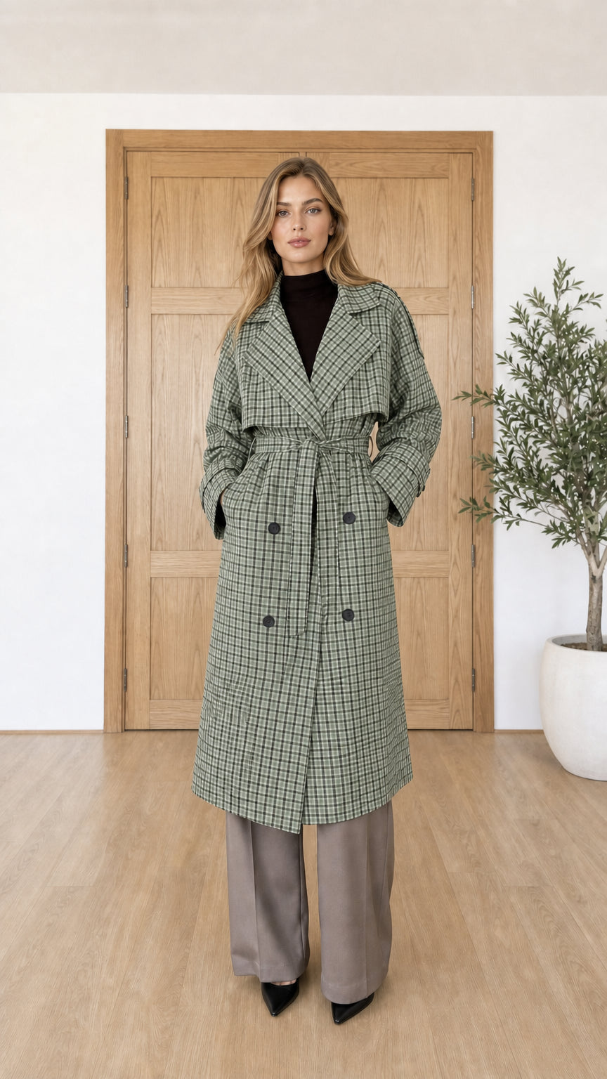 Woman wearing green plaid trench coat with belt
