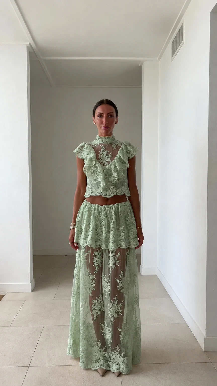 Model wearing sage green lace two-piece set