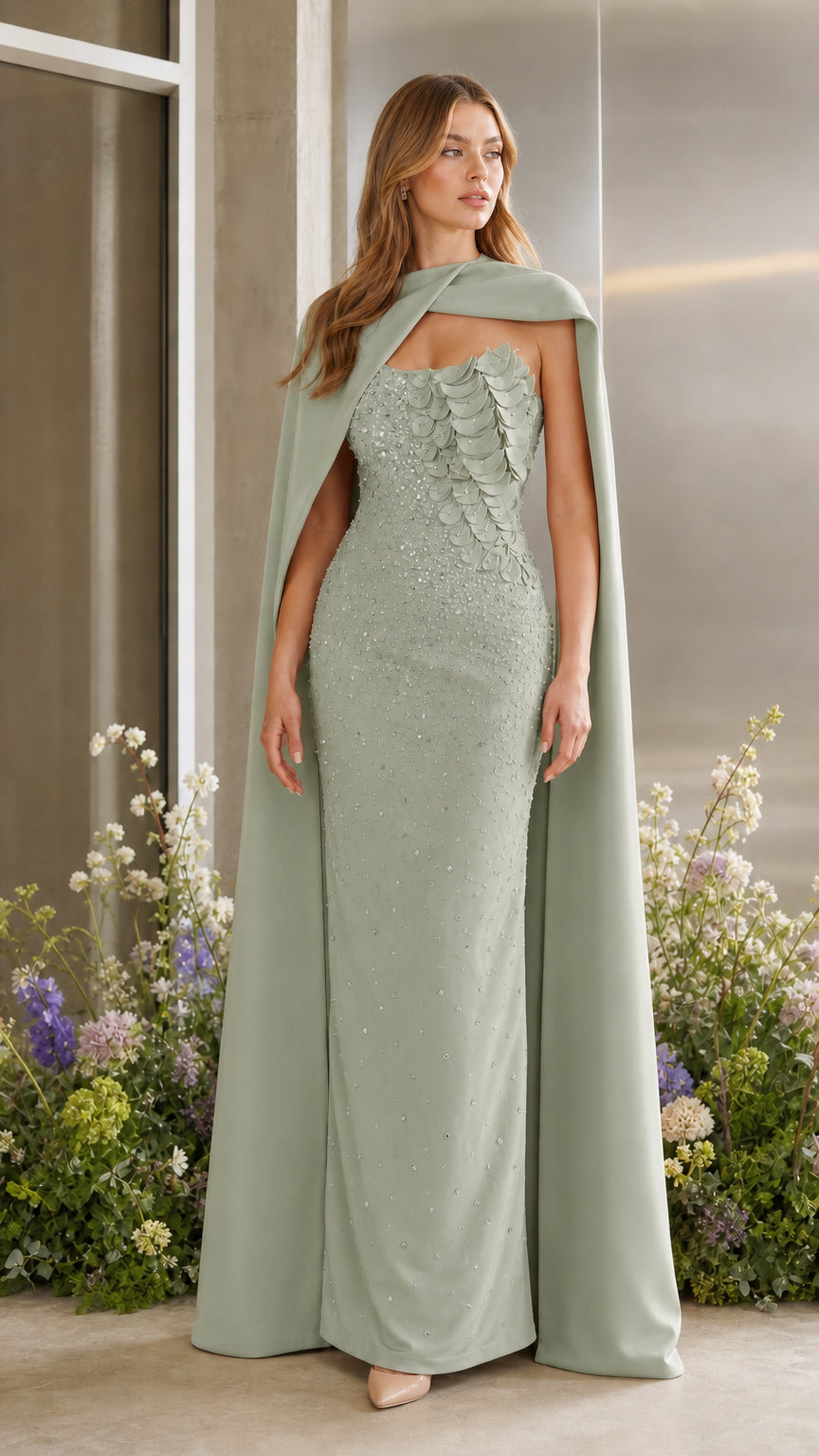 Sage green elegant column maxi dress with cape and embellished bodice