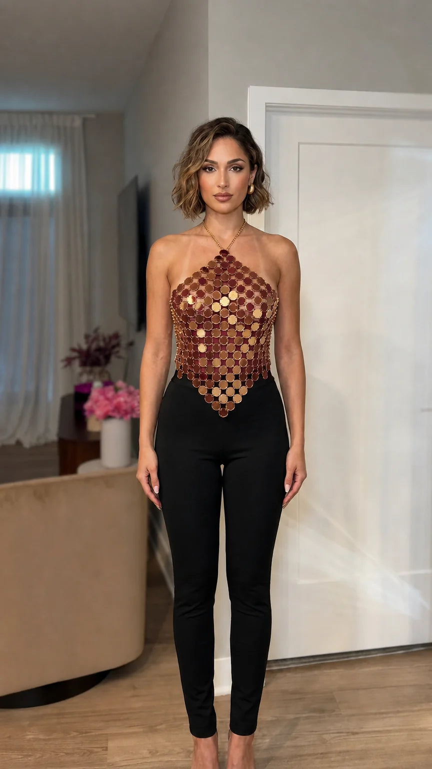 Model wearing bronze metallic sequin halter top