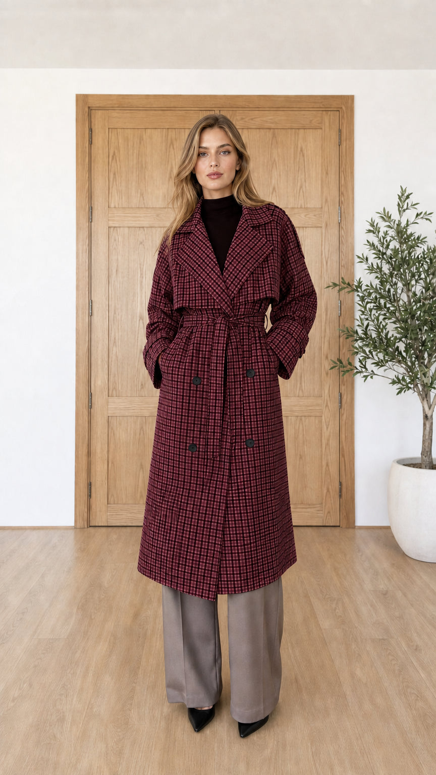 Woman wearing burgundy plaid trench coat over neutral trousers