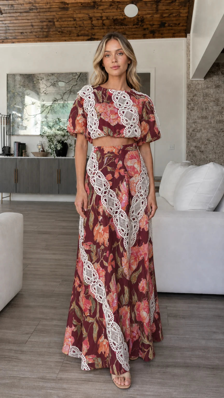 Front view of burgundy floral color variant