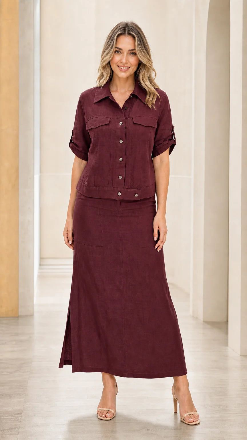 Front view of woman wearing burgundy two-piece set