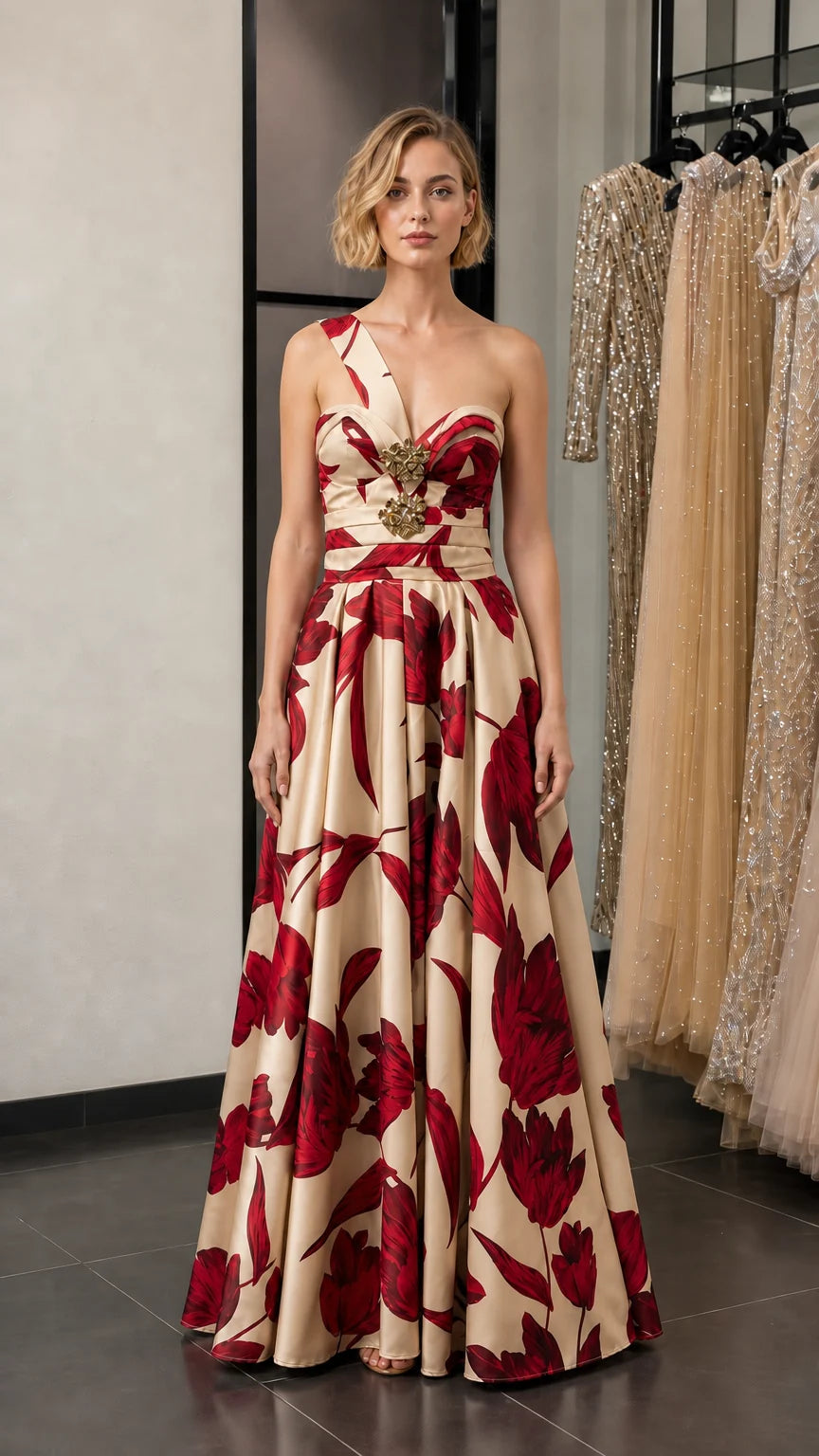 Model wearing cream and red floral variant evening gown